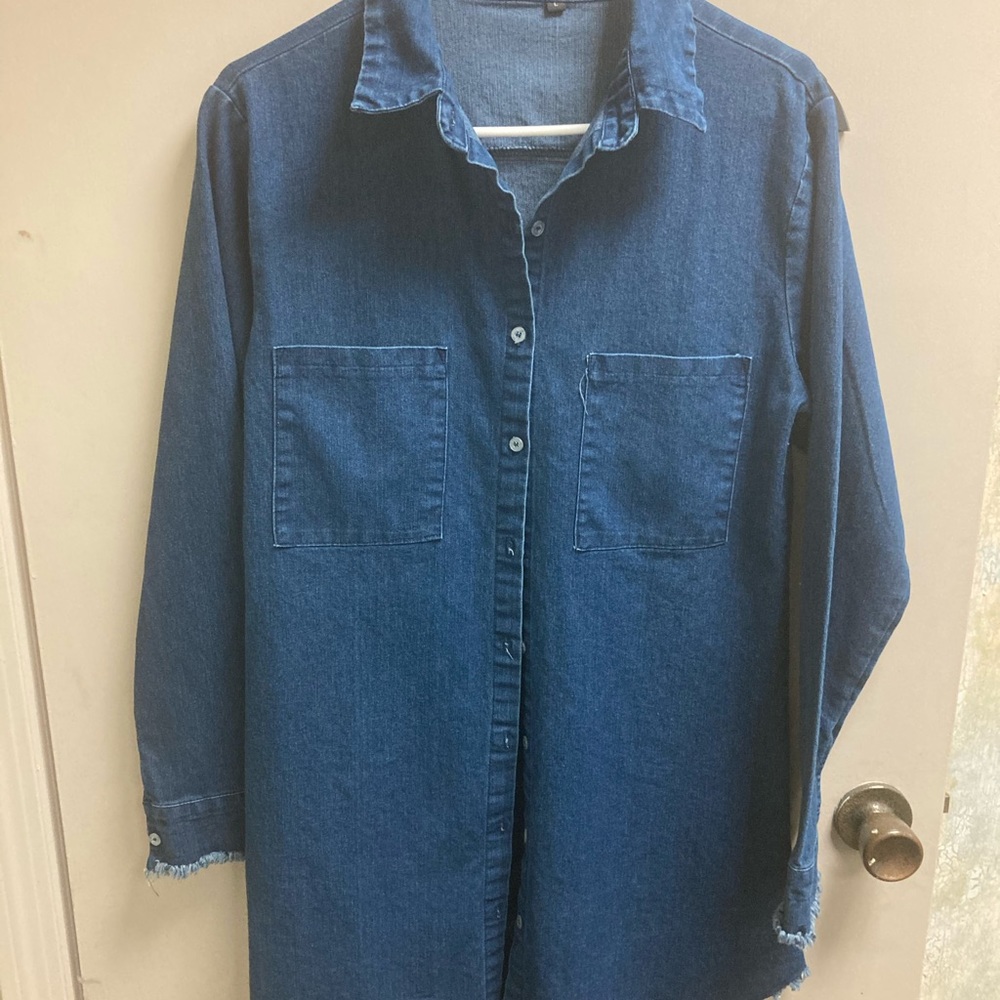 Denim Dress w/ frayed cuffs and bottom